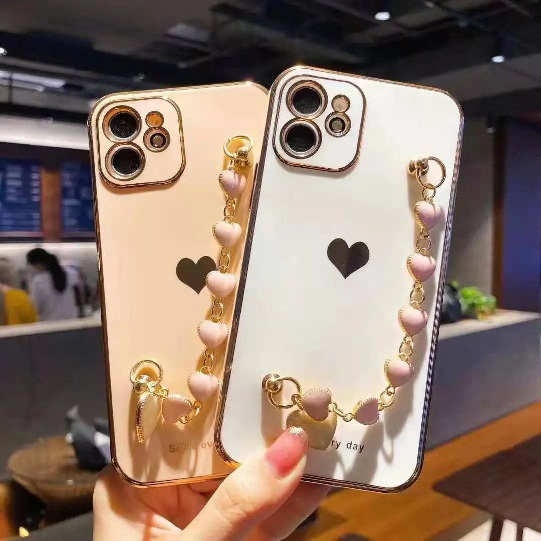 

Fine hole electroplating love for iPhone12 bracelet mobile phone case, Multiple colors