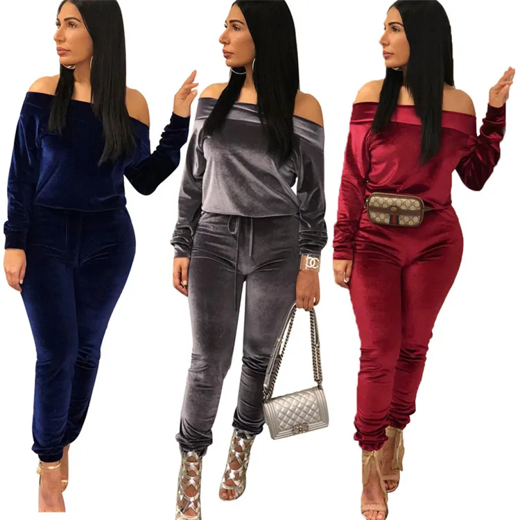SAZH5055 off the shoulder hoodies and long trousers ladies two piece set women western velvet pant suit