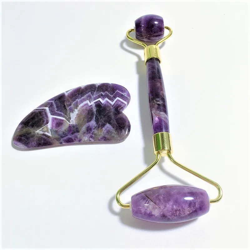 

High quality custom products natural body handheld natural amethyst roller gua sha set, Purple roller gua sha set