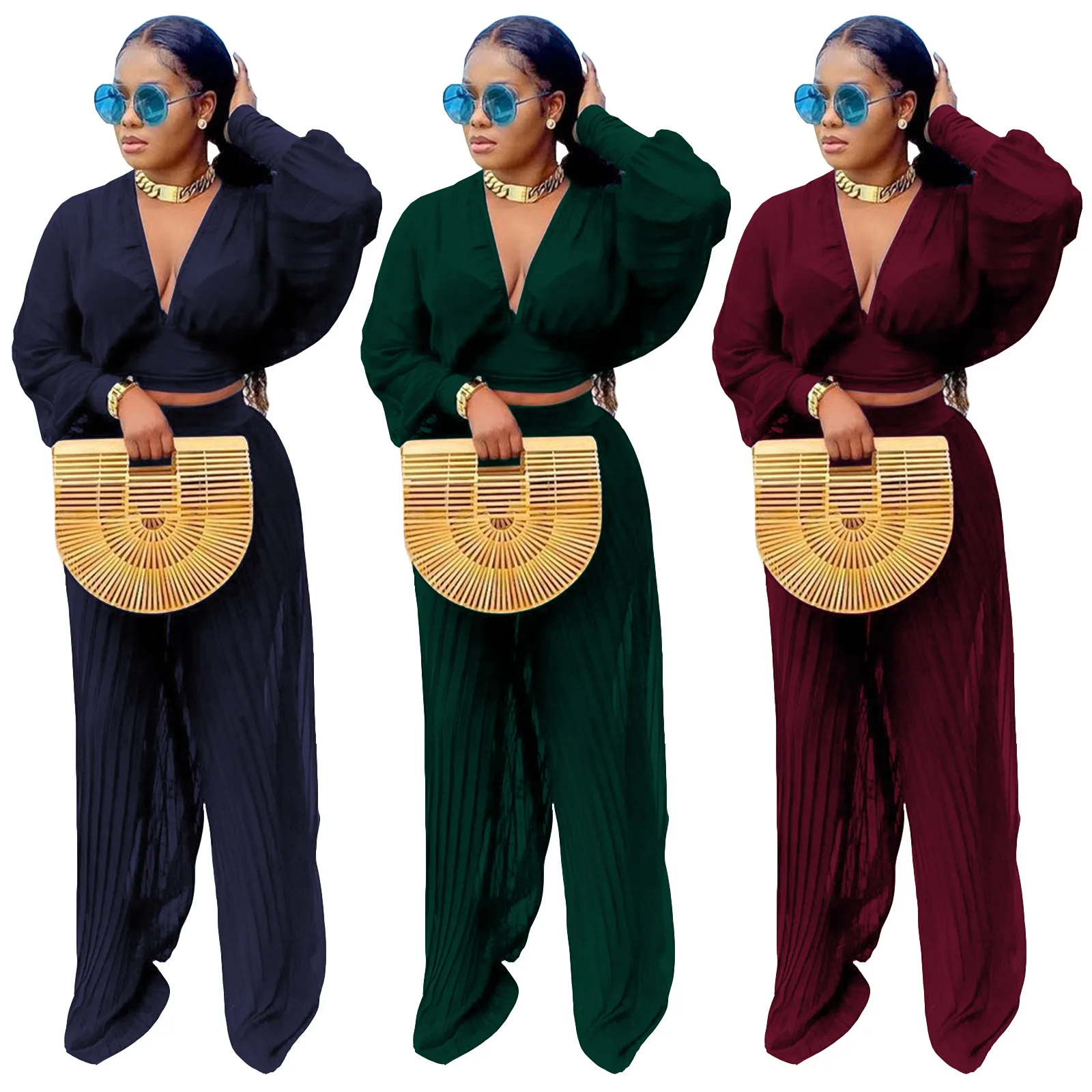 

2021 New Arrivals Women Long Sleeve Deep V-neck Pleated Shirt Set Plus Size XXL Ladies Leisure Solid Color Wide-Leg Pants Sets, 3colors