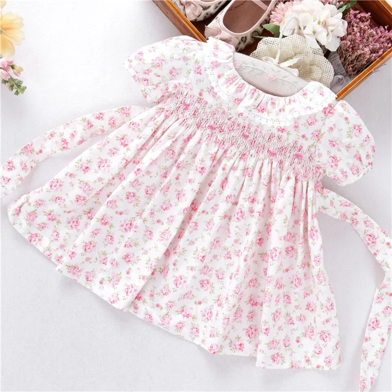 

H051862 Newborn baby girls dresses smocked Flower floral hand made pink summer kids wholesale children baby clothes