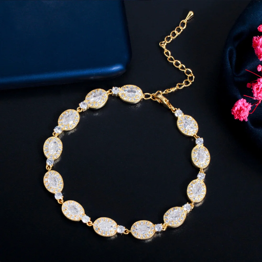 Classic Sparking Gold Plated White Cubic Zirconia Stone Bling Bridal Wedding Chain Link Bracelets for Women New Trendy Jewelry