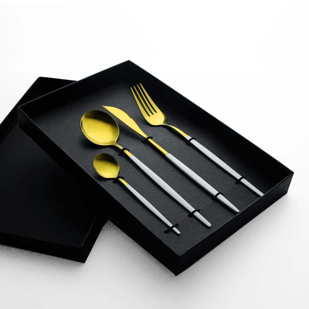 

Wholesale cheap restaurant tableware knife spoon fork flatware with gift box 18/10 stainless steel wedding gold cutlery set