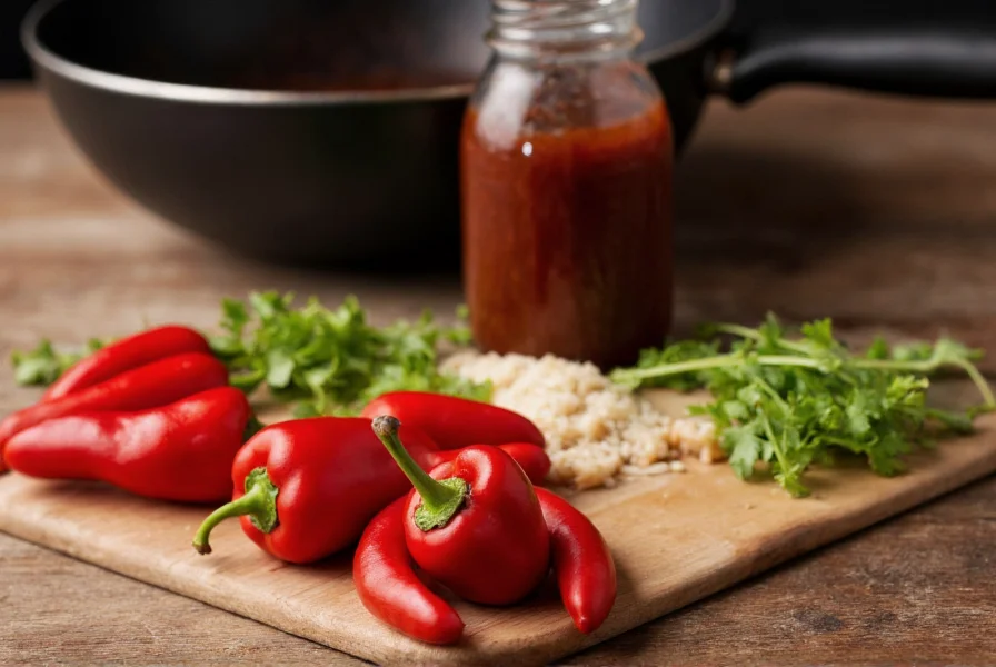 Homemade chinese pepper steak sauce ingredients arranged on wooden table with wok in background