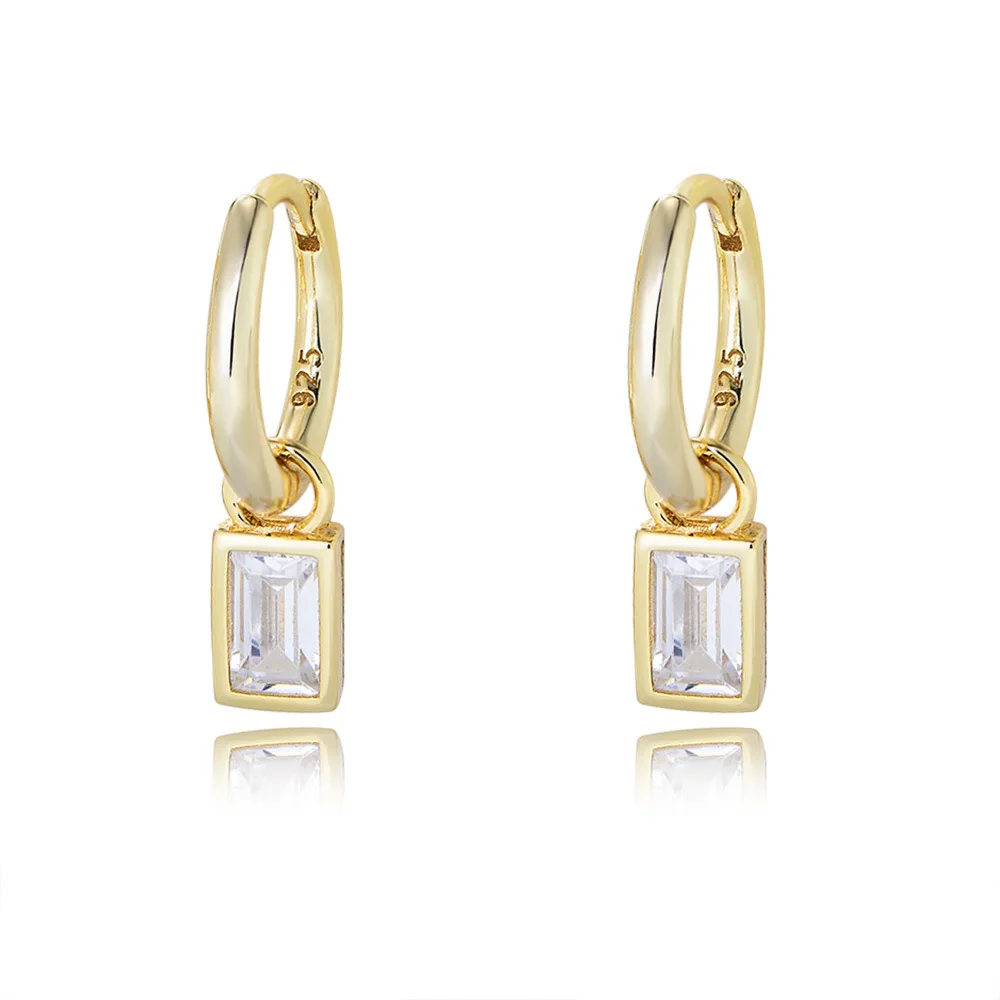 

European American 925 sterling silver earrings geometric square zircon pendant gold plated hoop earrings for women