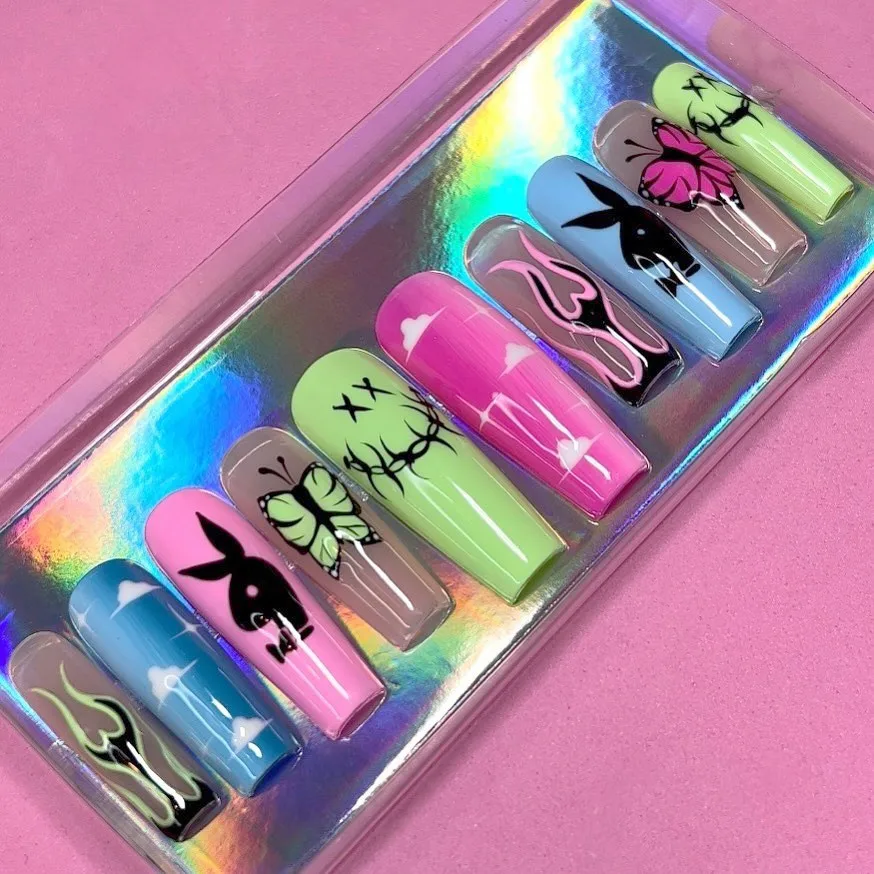 

New Design Press On Nails Luxury Packaging Box Long Coffin Oval False Nails Artificial Acrylic Art Press On Nail, Multi color