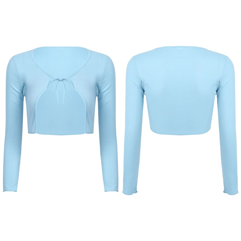 

In Stock Fashion Y2k Clothing Women V Neck Ribbed Knitted Mini Sweater Long Sleeve Lace up Open Front Crop Top