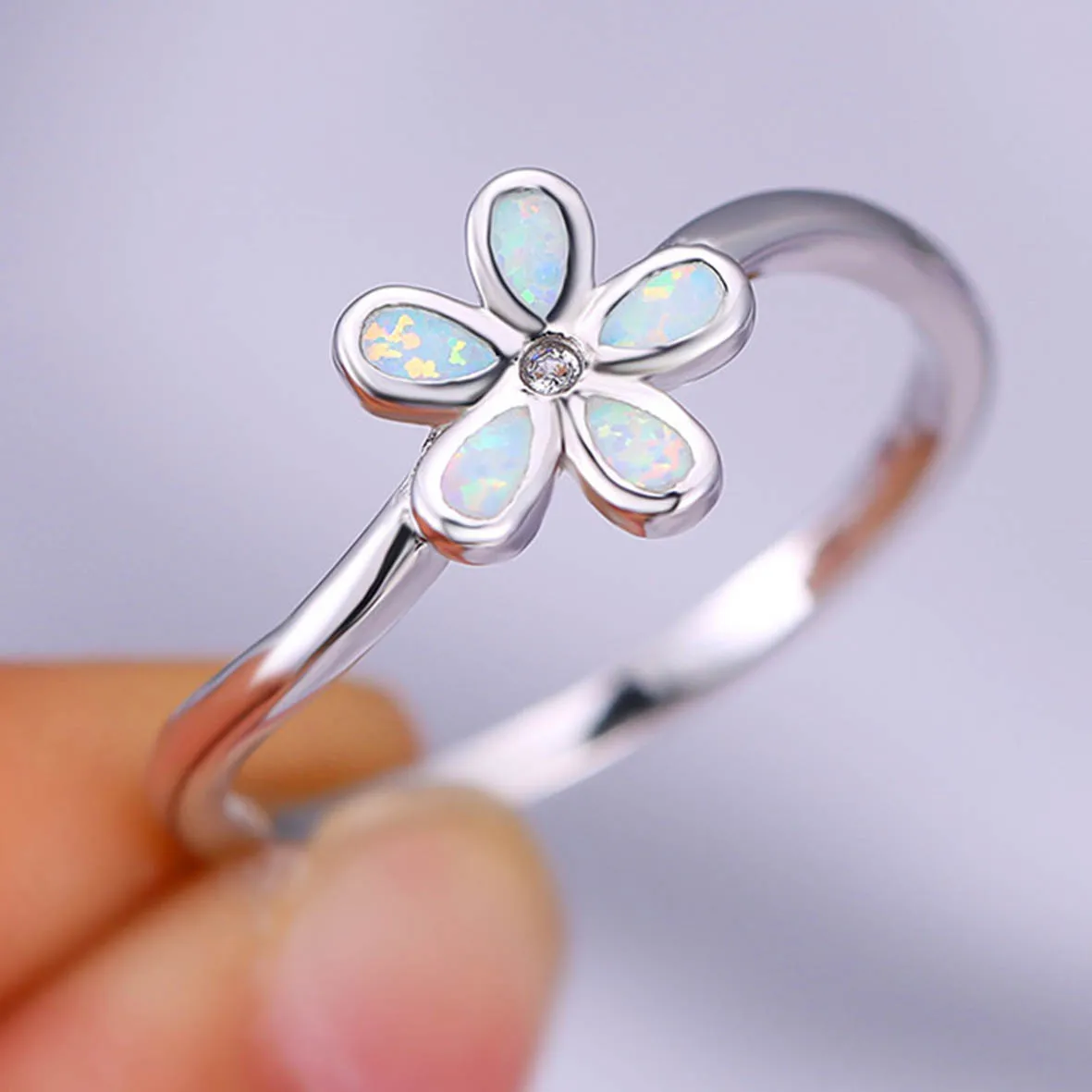 

925 Sterling Silver Rhodium Hawaiian Plumeria Flower White Opal Ring Inlay Jewelry Wholesale