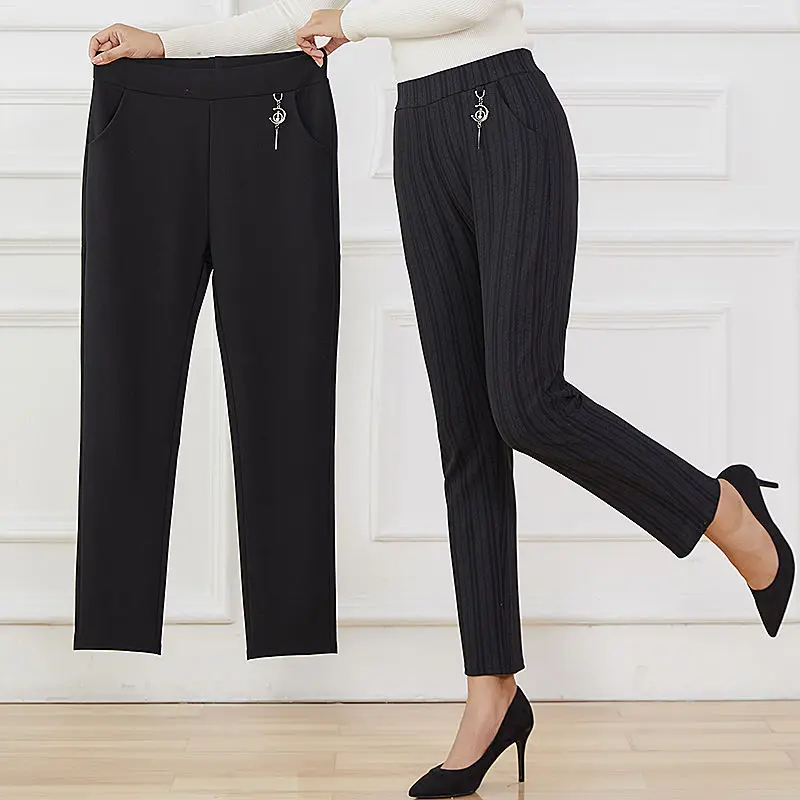 

2020 Autumn Striped Pencil Suit Pants for Womens Elastic High Waist Ladies Stretch Knitted Polyester Trousers for Female