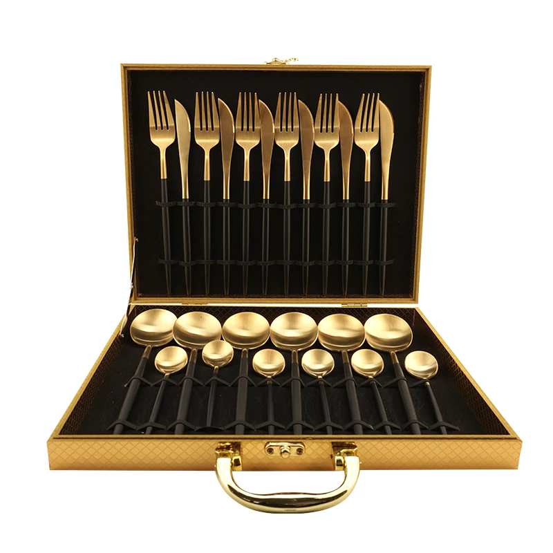 

Wholesale Manufacturer 24pcs Matte Wedding Reusable Portable Spoon And Fork Stainless Steel Flatware Black Gold Cutlery Set, Silver, gold, customized