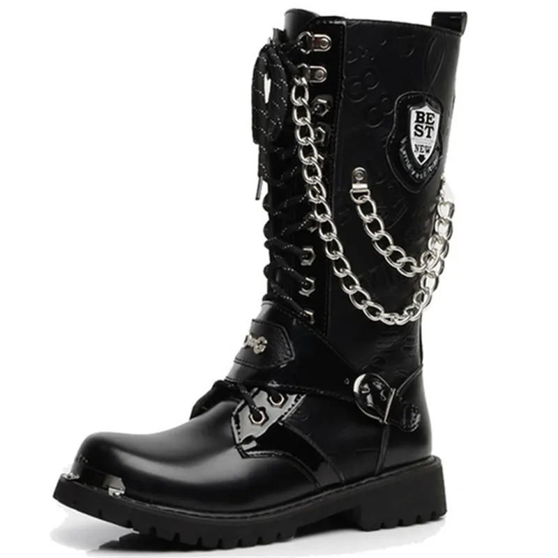 

Dropshipping Custom Logo 2021 Men Leather High Boots Metal Chain Male Motorcycle Punk Style Men's Fashion Trendy Street Shoes