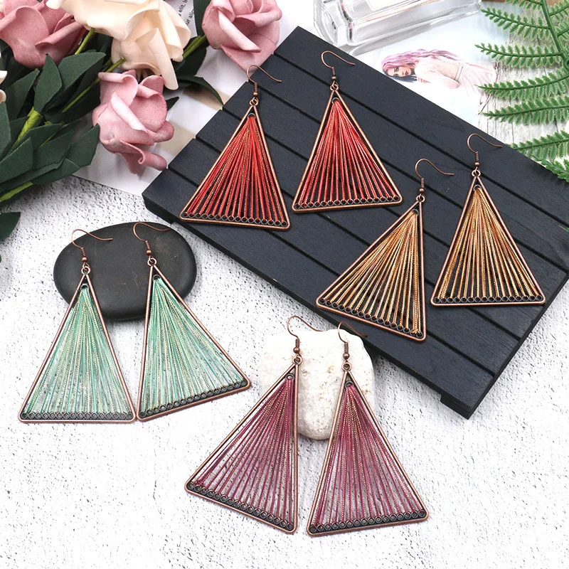 

4 colors Women Wedding Party Accessories Bohemian Ethnic Bronze Triangle Cotton Fringe Tassel Long Drop Dangle Earrings, Colourful