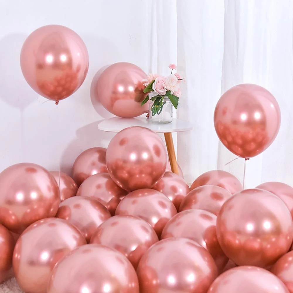 

FENGCHE 12inch Glossy Thick New Metal Metallic Rose Color Globos Ballon Chrome Latex Balloon with Ribbon