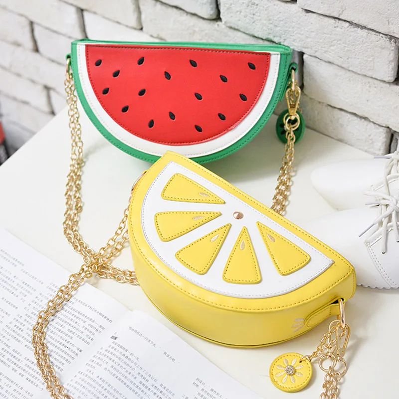 

new design China lemon watermelon fruit shape chain hand bags creative ladies bags handbags fruit purse, Customizable