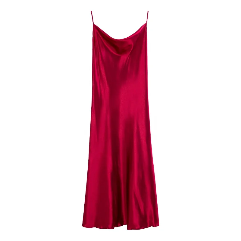 

Femme fashion solid color long style silky sling night dress