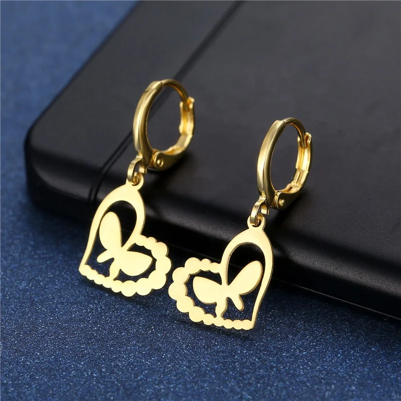 

Free Shipping Jewelry Classic Butterfly Pendant Design Hoop Earring Women Plated 18K Gold Stainless Steel Huggie Earring