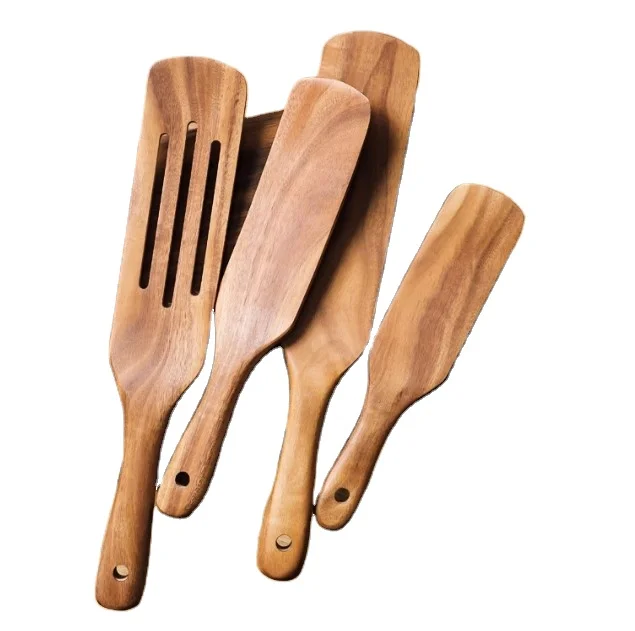 

DiYue Housewares DIY209181 Pack 4 Slotted Turner Custom Acacia Teak Wood Spatulas Sets Home Wooden Craft Kitchen Cooking Utensil, Natural wood