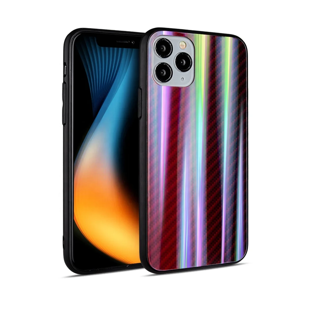 

2020 Fashion Grip Laser Carbon Fiber 2 in 1 Hybrid Glass Back Cover Case for iPhone 11, Multi colors