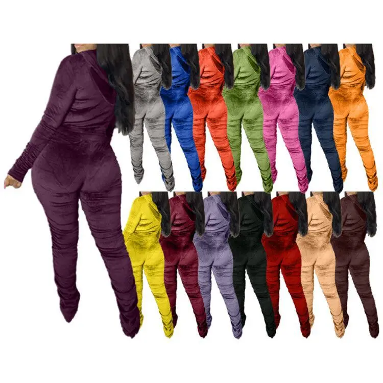 

Wholesale Fall Winter Crop Top Zip Up Long Sleeve Hoodie Velour Tracksuit Pleats Jogging 2 Set Women Velvet Two Piece Set, Picture