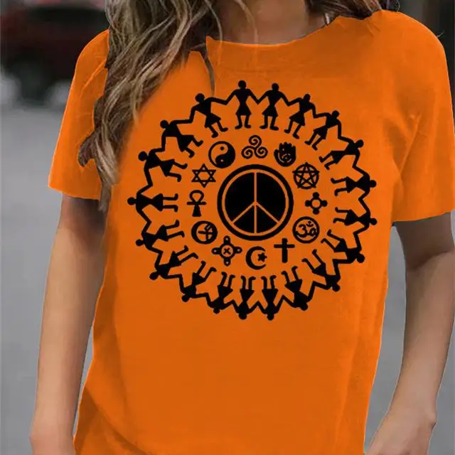 

2021 Spring New Loose Print Round Neck Short Sleeve Women's T-shirt, Picture color