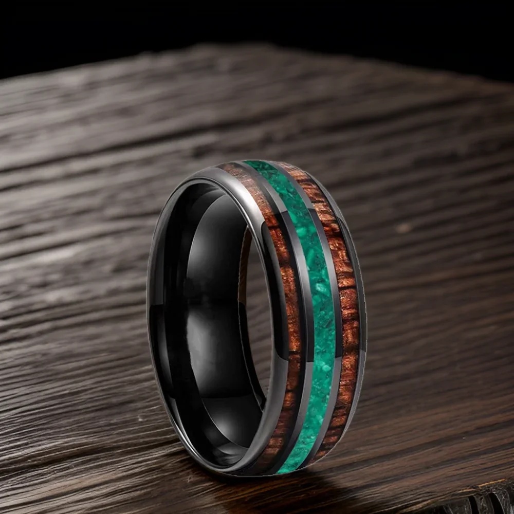 

Stainless Steel Ring Set with Malachite Acid Branch Wood Bark Vacuum Plated Black Gemstone Fashion Jewelry