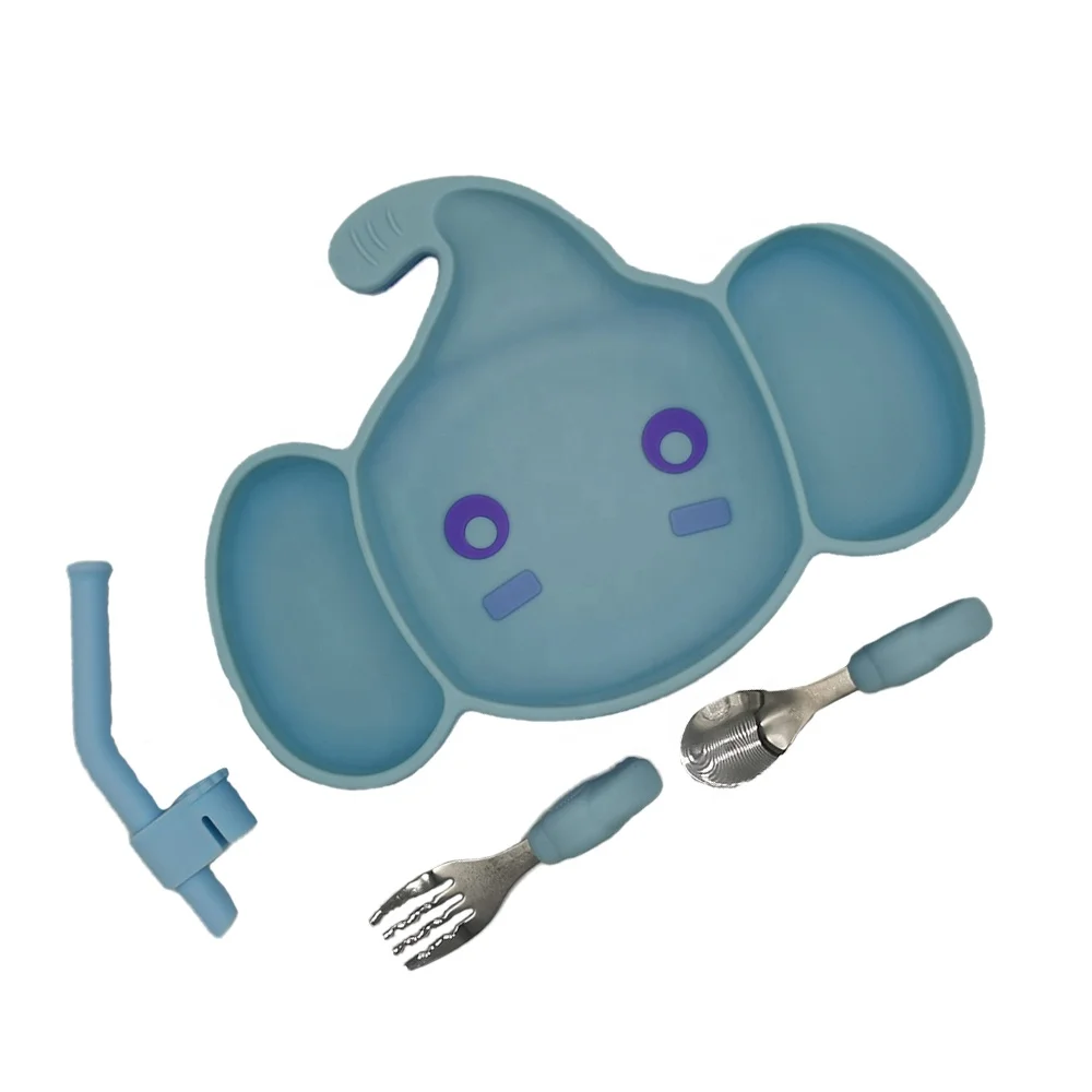 

Hot Sales Children Silicone Plate Baby Tableware Spoon&fork And Detachable Straw Set