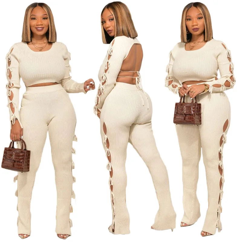 

Fashion Sexy Hollow Out Bowknot Backless Woman Sets Solid Color Bandage 2 Piece Club Wear New Design Knitted Set Sweater Pant, Apricot