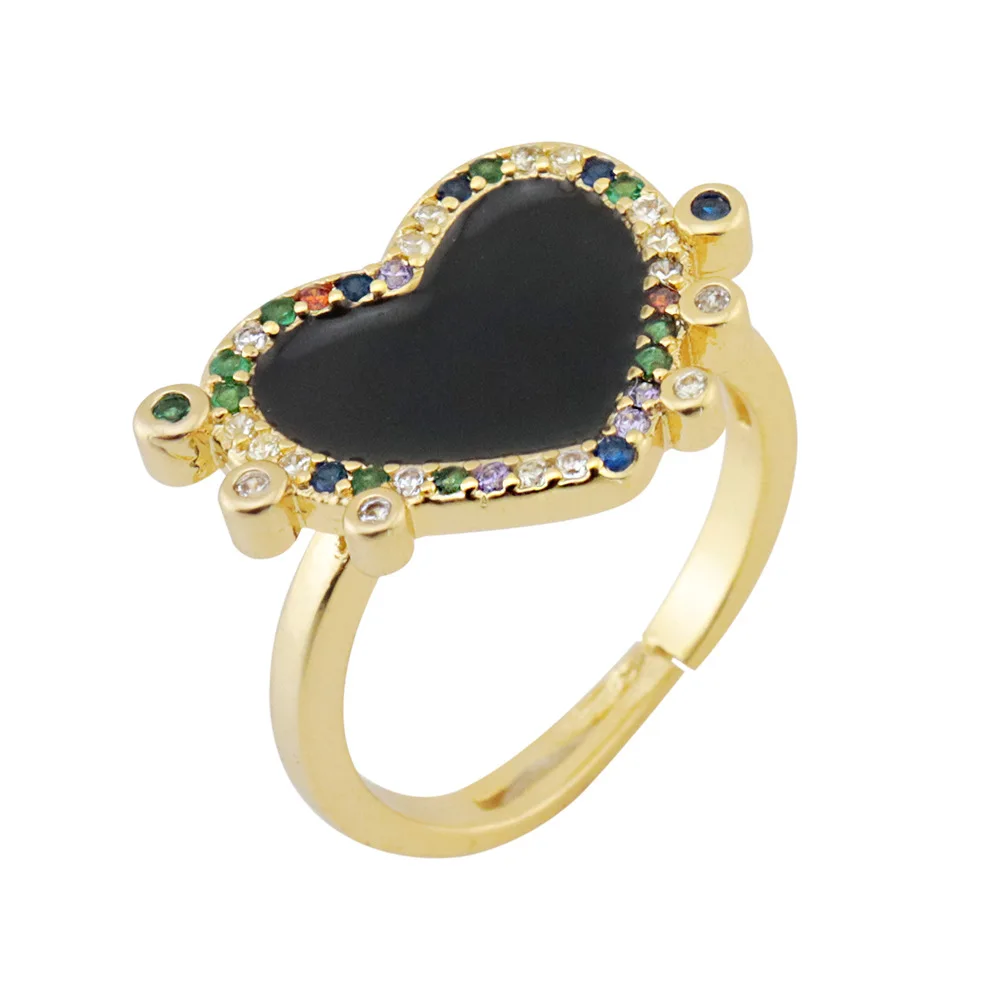

2021 NEW DESIGN Enamel Heart Shape Jewelry Gemstone Copper Real Gold Plating Rings Micro inlaid Zircon Adjustable Heart Rings