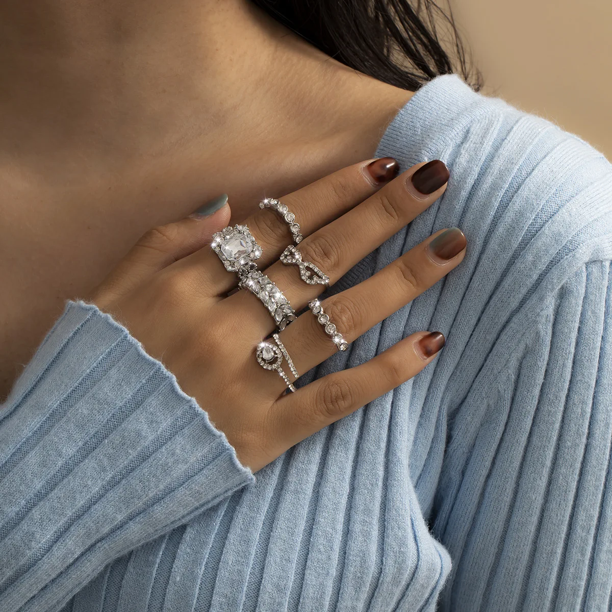 

6pcs/set Bohemia Chic Fashion Geometric Waterdrop Crystal Diamond Alloy Finger Ring for Women Girls, Picture shows