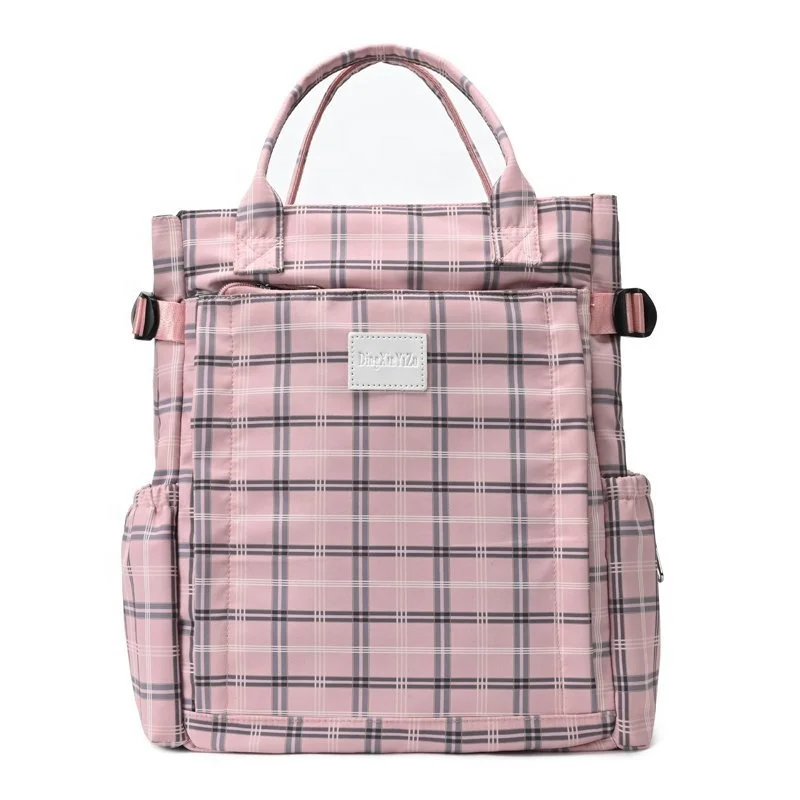

China wholesale quality plaid grid hand tote large antitheft waterproof polyester travel mummy mothers diapers bag baby backpack