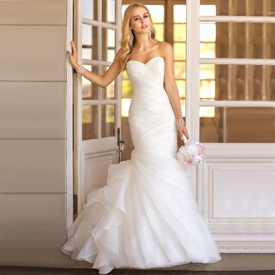 

American new high-end custom white lace simple sexy mermaid ruffle dresses vintage wedding dress for bride