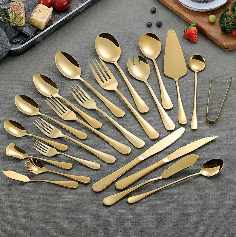 

H553 Home Restaurant Supplies Western Multi Sizes Flatware Gold Plated Stainless Steel Tableware Spoon Fork Knife, Gold colour