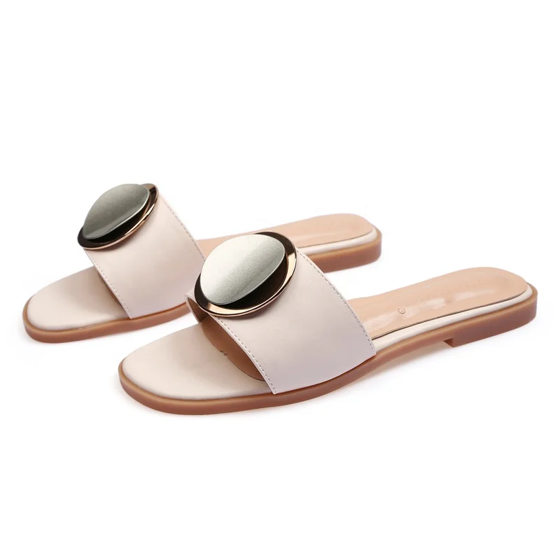 

New summer collection of women's fashion flat heel sandal flip flop slippers with buckle ornaments, White,black and apricot