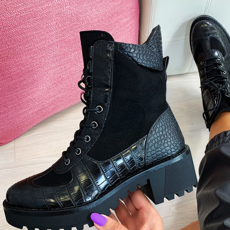 

BUSY GIRL BC1022 Women's flat ankle biker military black square heel boots for ladies fall boots combat women's boots