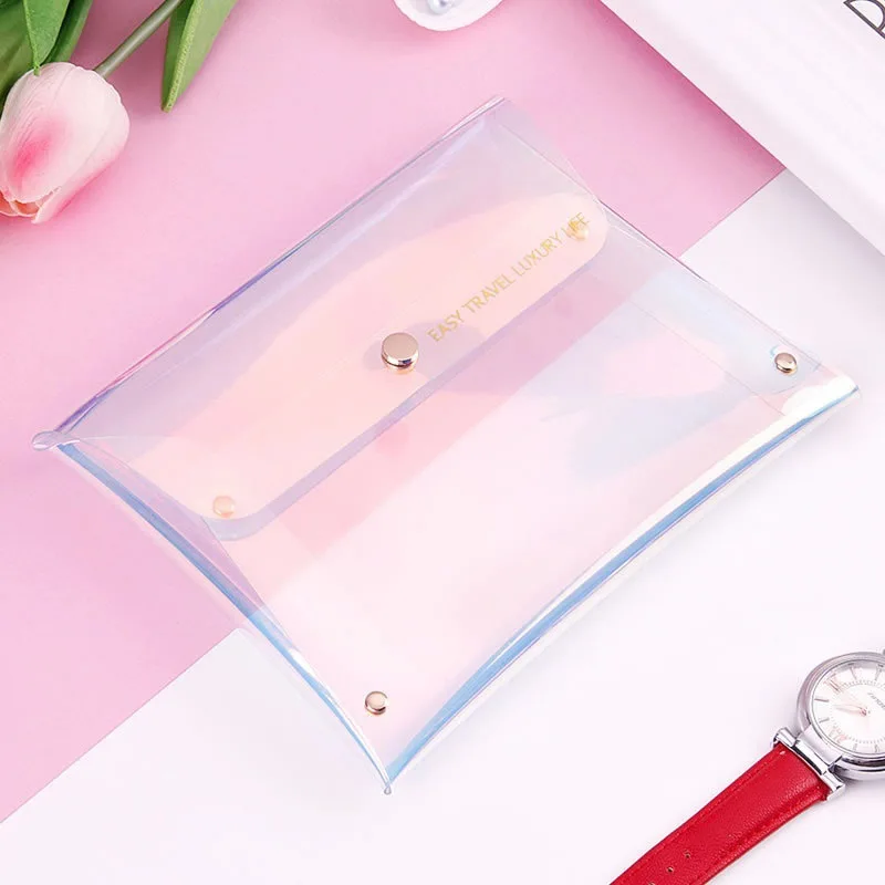 

Wholesale Custom Laser PVC Holographic Wallet Envelope Waterproof Cosmetic Organizer Makeup Bag with Gold Rivet Snap Button, Customizable