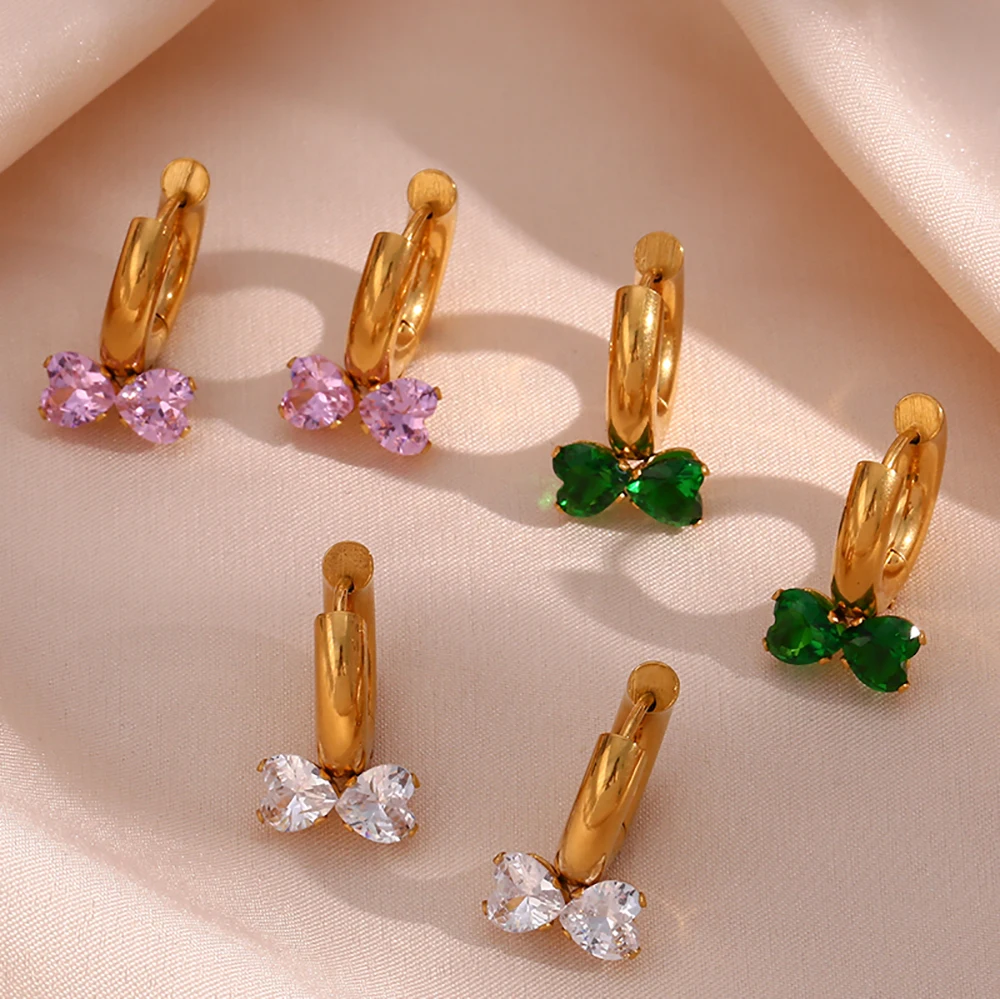 

18K PVD Gold Plated Jewelry Stainless Steel None Tarnished Green Pink Heart Cubic Zirconia Hoop Stud Earring for Women
