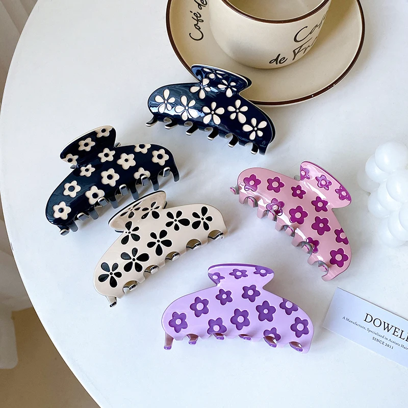 

New Design High Quality Cellulose Acetate Claw Clips 9cm Sweet Pure Color Printed Flower Hair Claw For Women