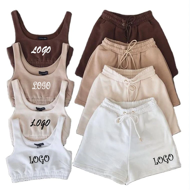 

Custom logo knit 2021 Summer Clothing Crop top Two piece shorts Pants Set Joggers Sets Outfits 2 Piece Sweatsuit Sweat Short Set, As picture