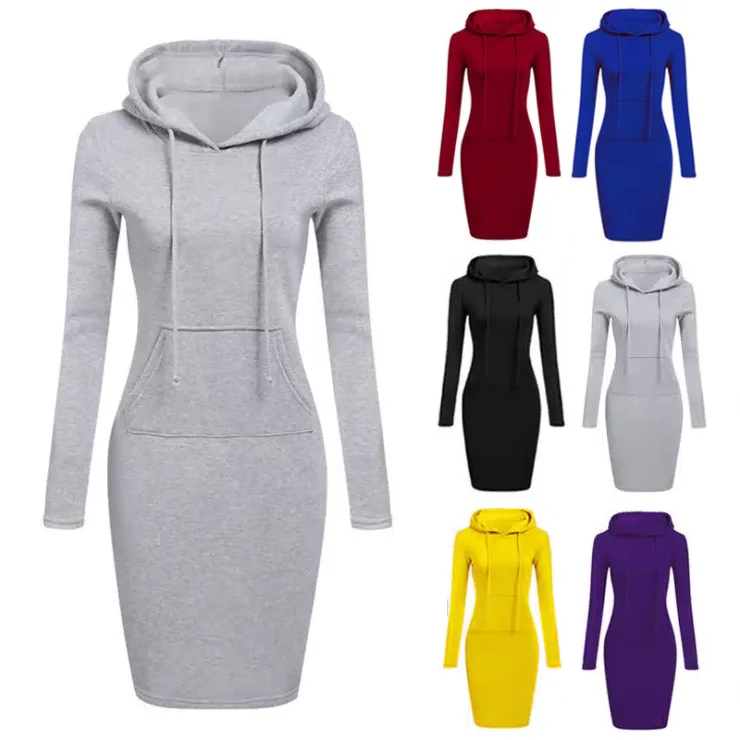 

Autumn Cheap Women Casual Wearing Long Sleeve Hoodie Tracksuit Hooded Dress Sweatsuit Dress, Customized color