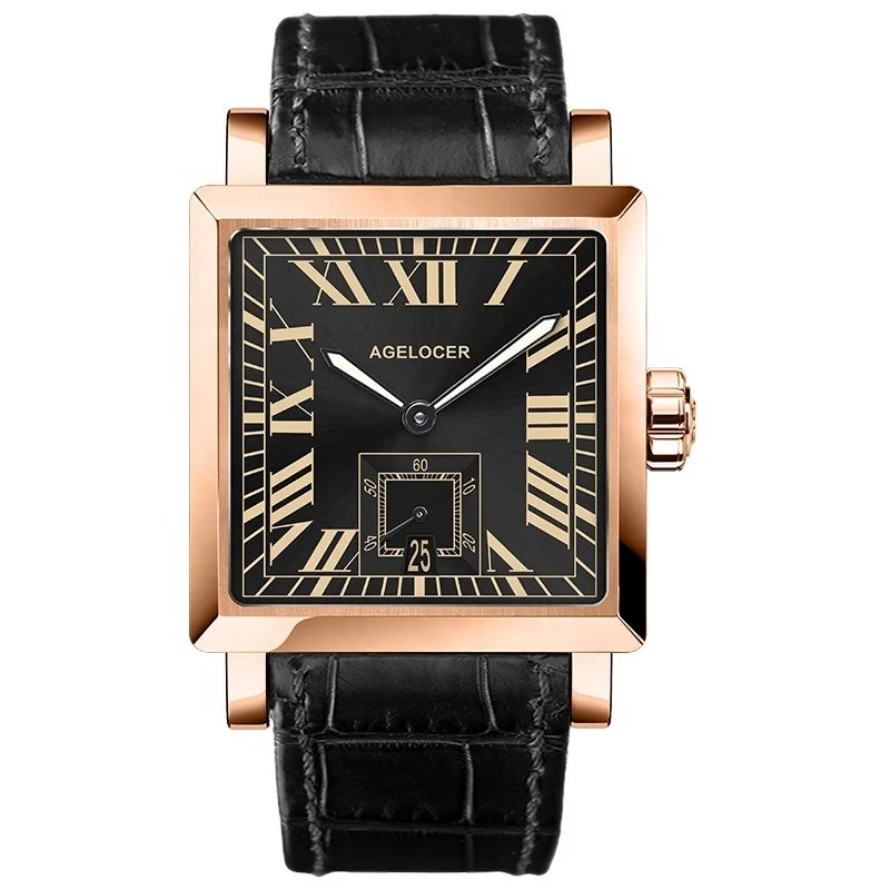 

Golden Case Luxury Business Automatic watch Roman Numerals Display Mechanical Black Men 100% Leather Waterproof 50m 3303D1