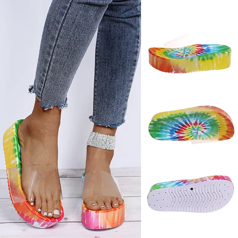 

2021 Instock wholesale hot selling tie dye Platform slipper sandals for women with PVC transparent cross strap sandals ladies, Picture show ,