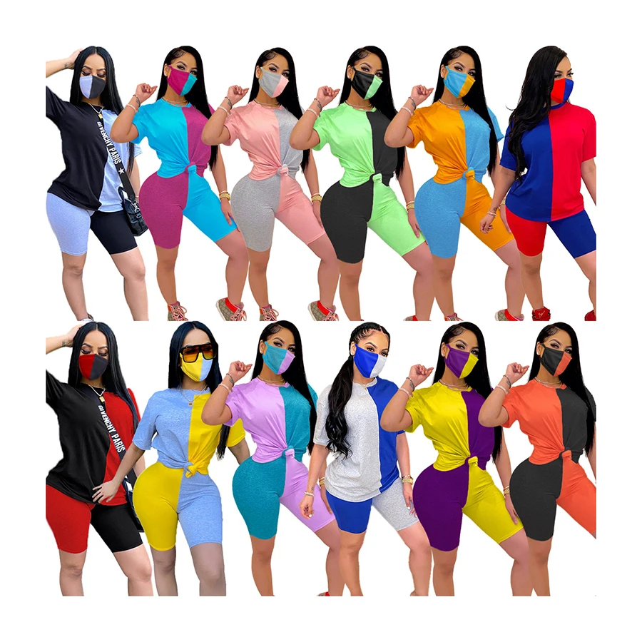 

Foma AJ4205 New Fashion tie dye women clothing contrast color casual suit t shirt and shorts 2 two piece set without face cover, 12 colors