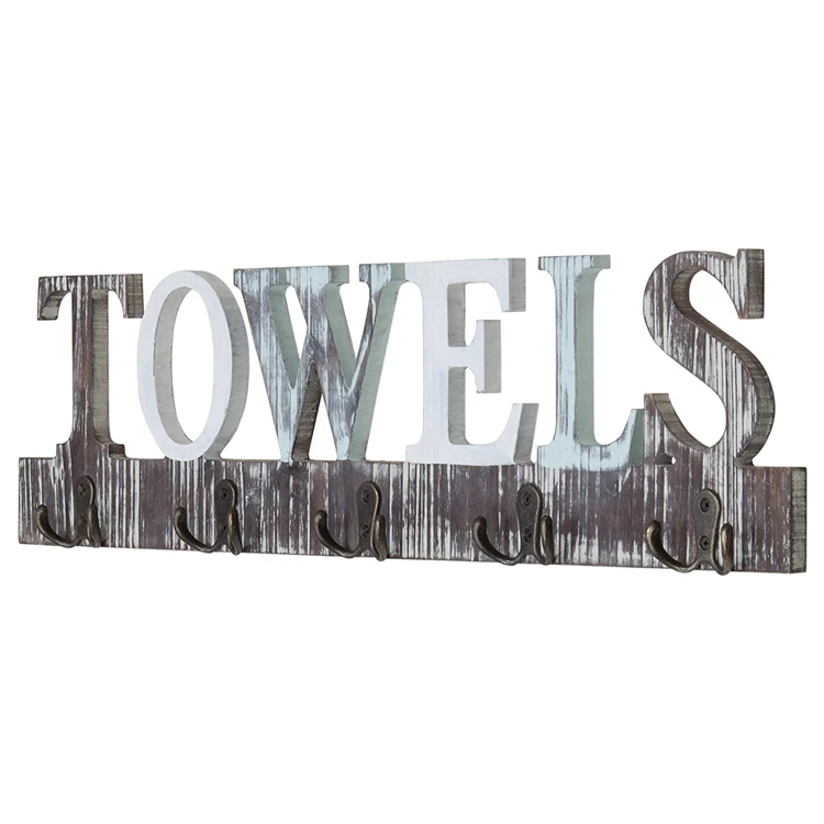 PHOTA Rustic Whitewashed Solid Wood Wall Mounted Towel Hanging Rack with Cutout Towels Letters
