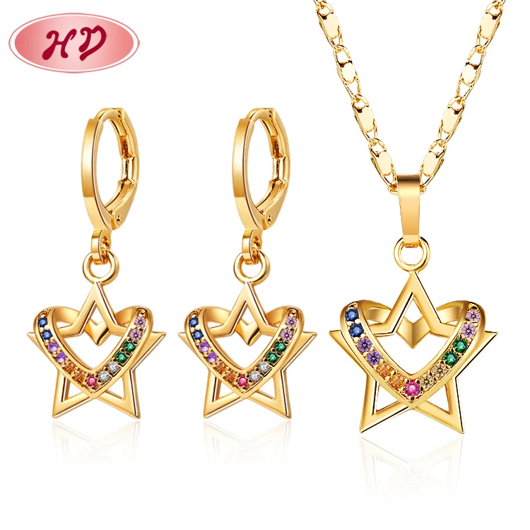 

Chinese brass jewelry factory supply customization gold plated cubic zirconia star pendant necklace and earrings sets for women