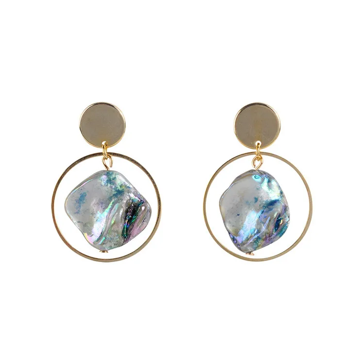 

18K Gold Plated Big Circle Inlay Natural Green Abalone Stone Earrings, As picture