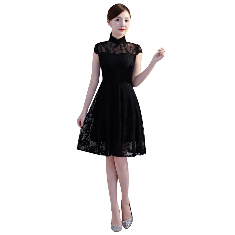 
2019 Latest Designs Chinese Morden fashion Cheongsam Elegant Black Qipao Short lace Dress For Women Party or othr Casual Wear 