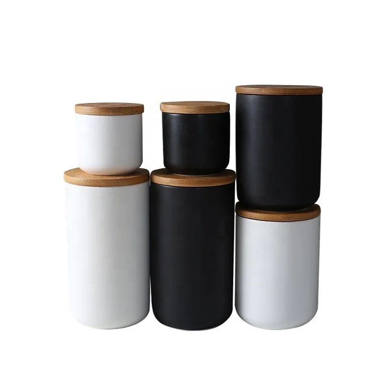 

Creative ceramic wooden lid sealed jar kitchen storage tank miscellaneous food coffee tea storage seasoning storage jar, Black / white