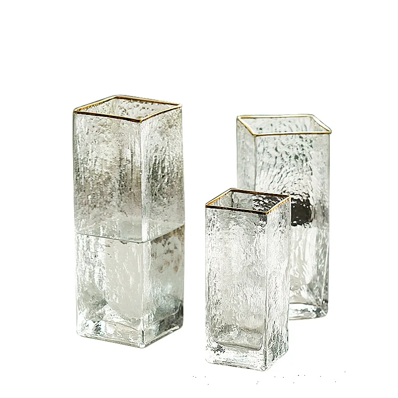 

European Creative Gold Square Cylinder Glass Vase Flower Transparent Hydroponic Straight Vase Home Decoration, As photo