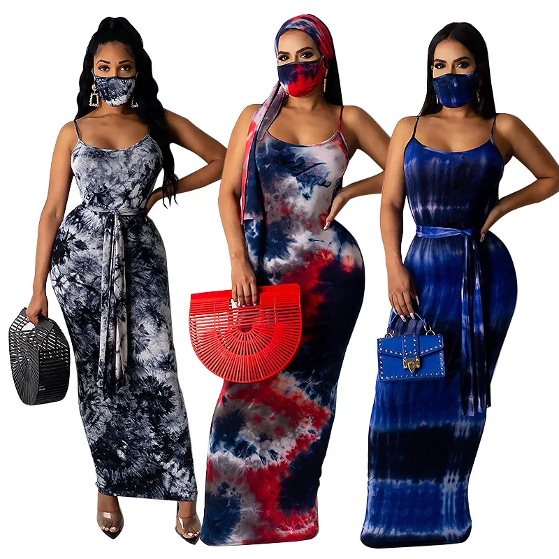 

Lady Elegant Bodycon Women Plus Size Spaghetti Strap Tie Dye Sexy Nightclub Maxi Woman Long Slip Dress With Belt, Red black blue