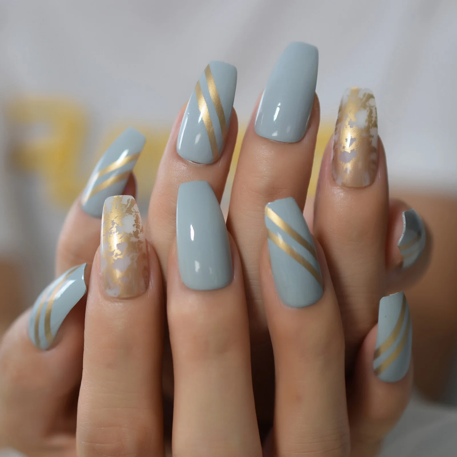 

Gray Blue Acrylic Fake Nails With Gold Line Pattern For Party  Coffin Press On Nails